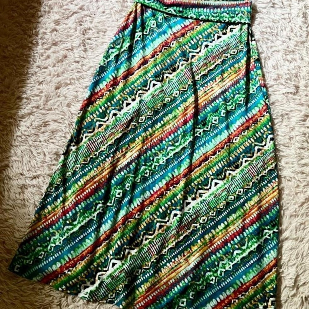 Abstract Colorful Tribal Striped Slinky Maxi Skirt Womens PS‎ Vivid Boho Hippie